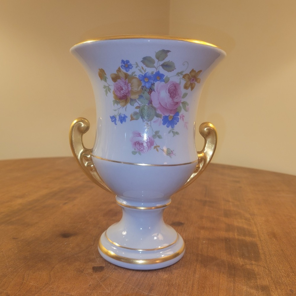 Vintage PRINCETON CHINA 8" Porcelain VASE Pale Blue With‎ Gold Detail Flowers